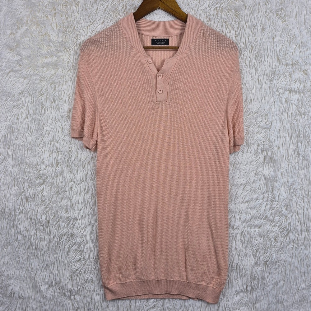 Zara Man Salmon Pink Textured Knit Polo Shirt Short Sleeve Henley Large Slim Fit